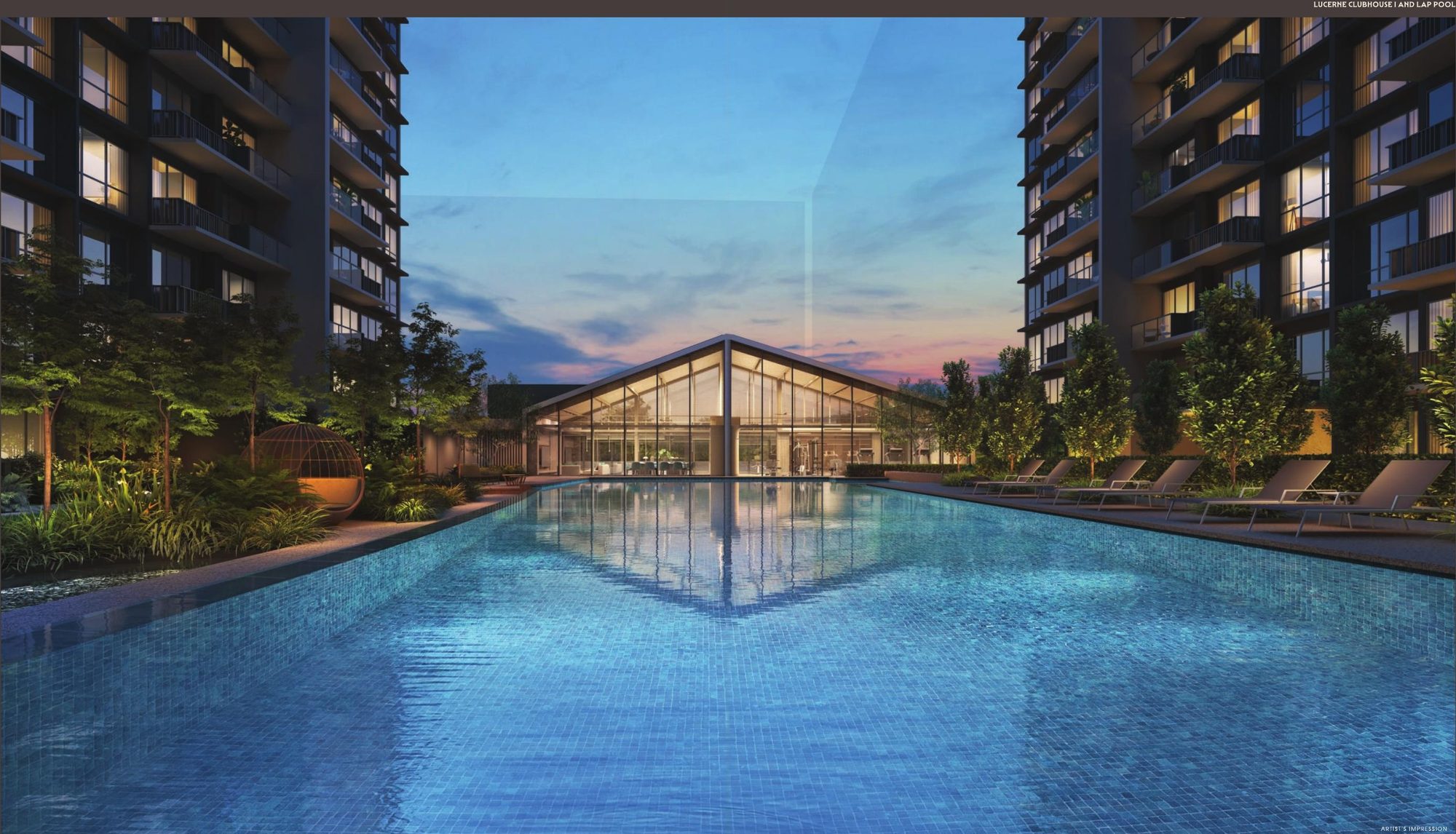 Artist's impression of the lap pool and clubhouse at dusk